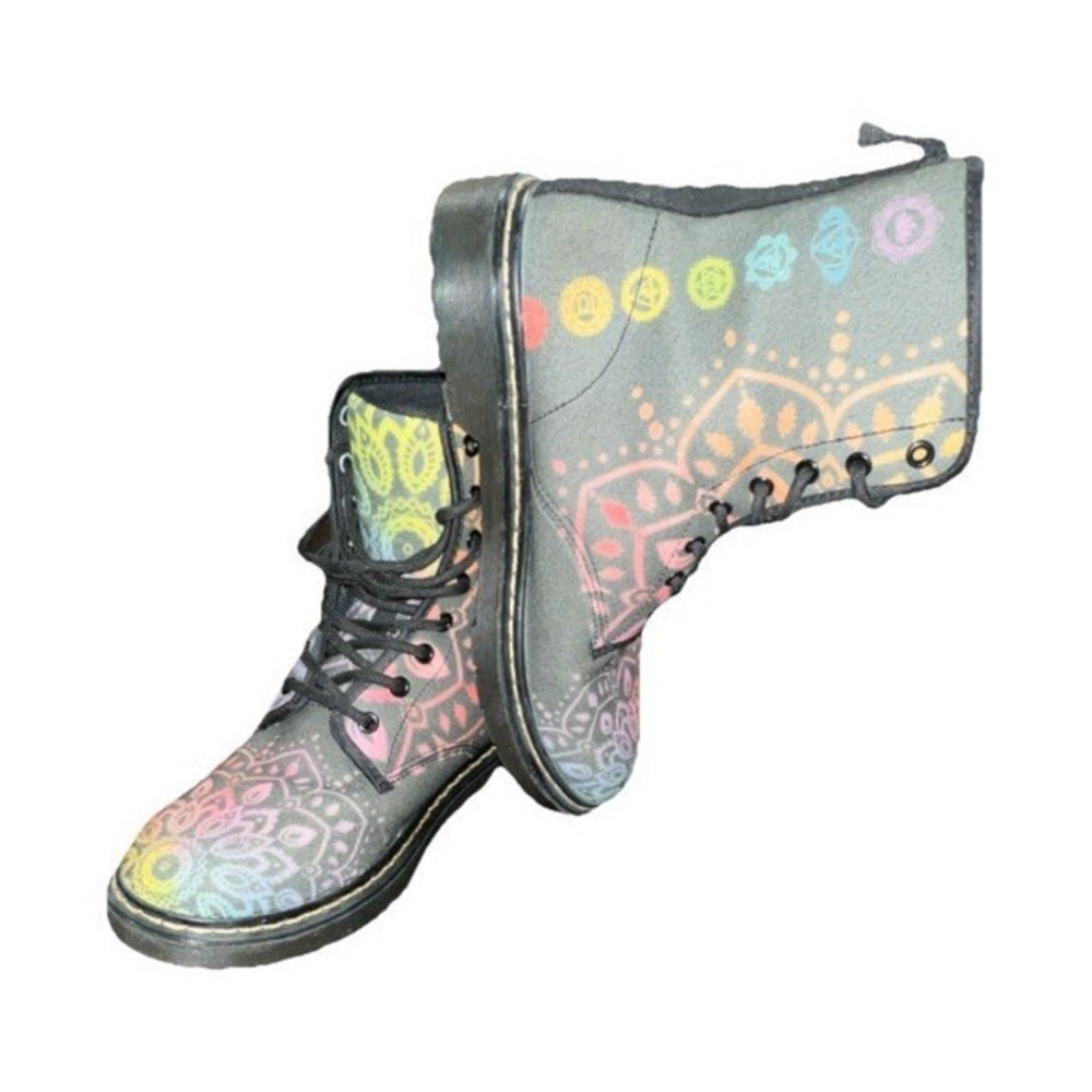10N21/Mandala Peace Combat Ankle Boots Leather Lace-Up Cushioned Round Toe US 7